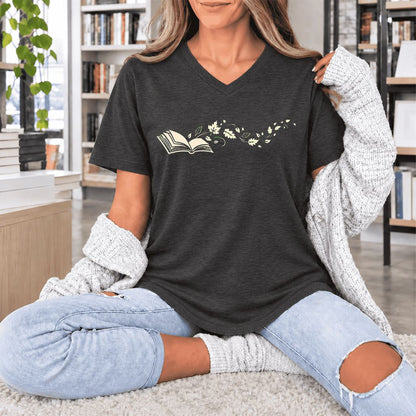 Open Book With Leaves Ultra-Soft V-Neck | Reading Life Book Lover Gift Dark Grey Heather