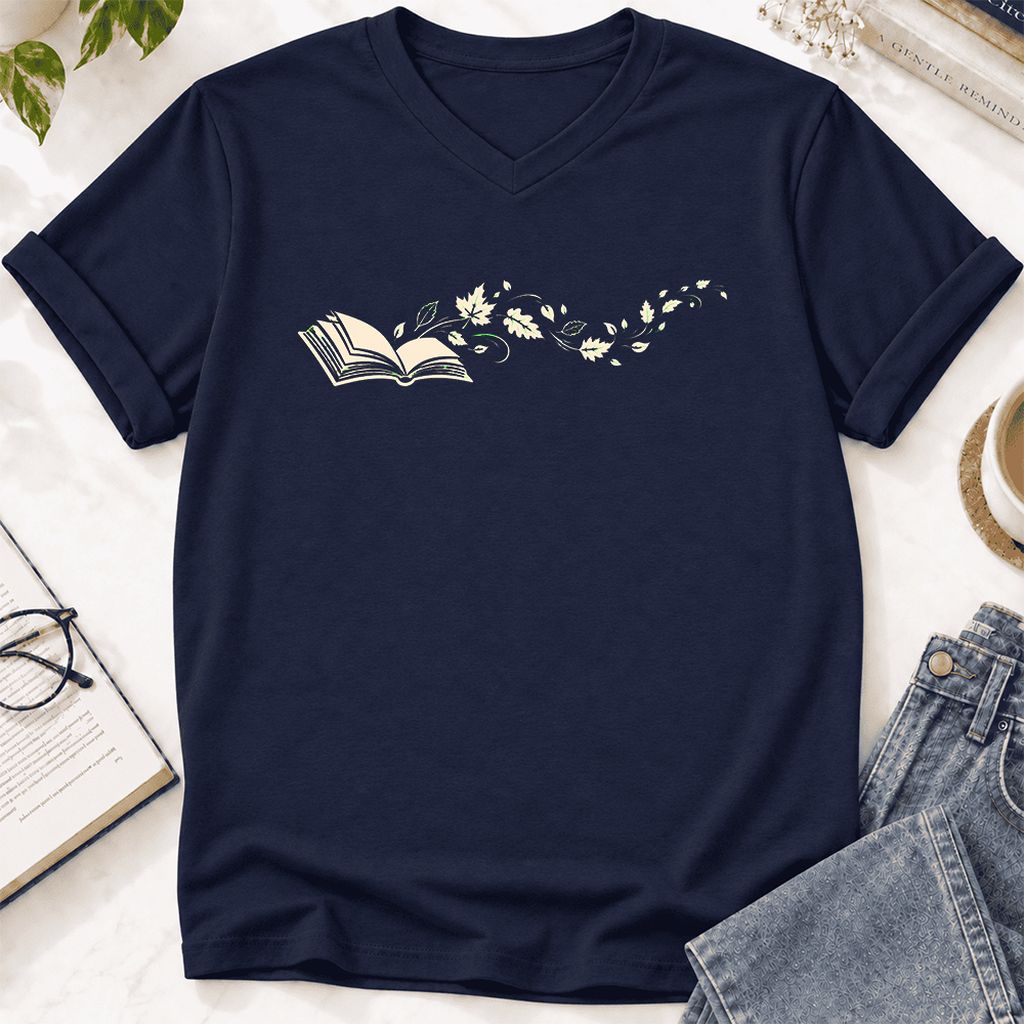 Open Book With Leaves Ultra-Soft V-Neck | Reading Life Book Lover Gift Navy