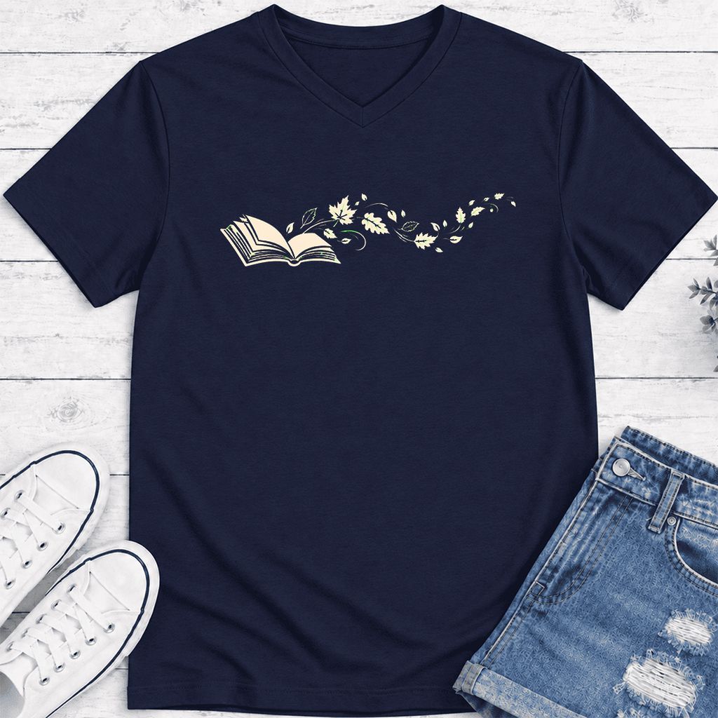 Open Book With Leaves Ultra-Soft V-Neck | Reading Life Book Lover Gift Navy