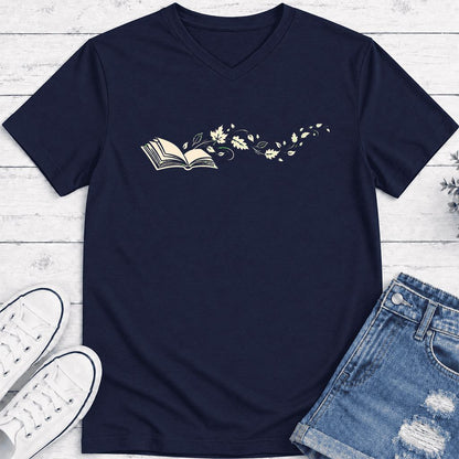 Open Book With Leaves Ultra-Soft V-Neck | Reading Life Book Lover Gift Navy