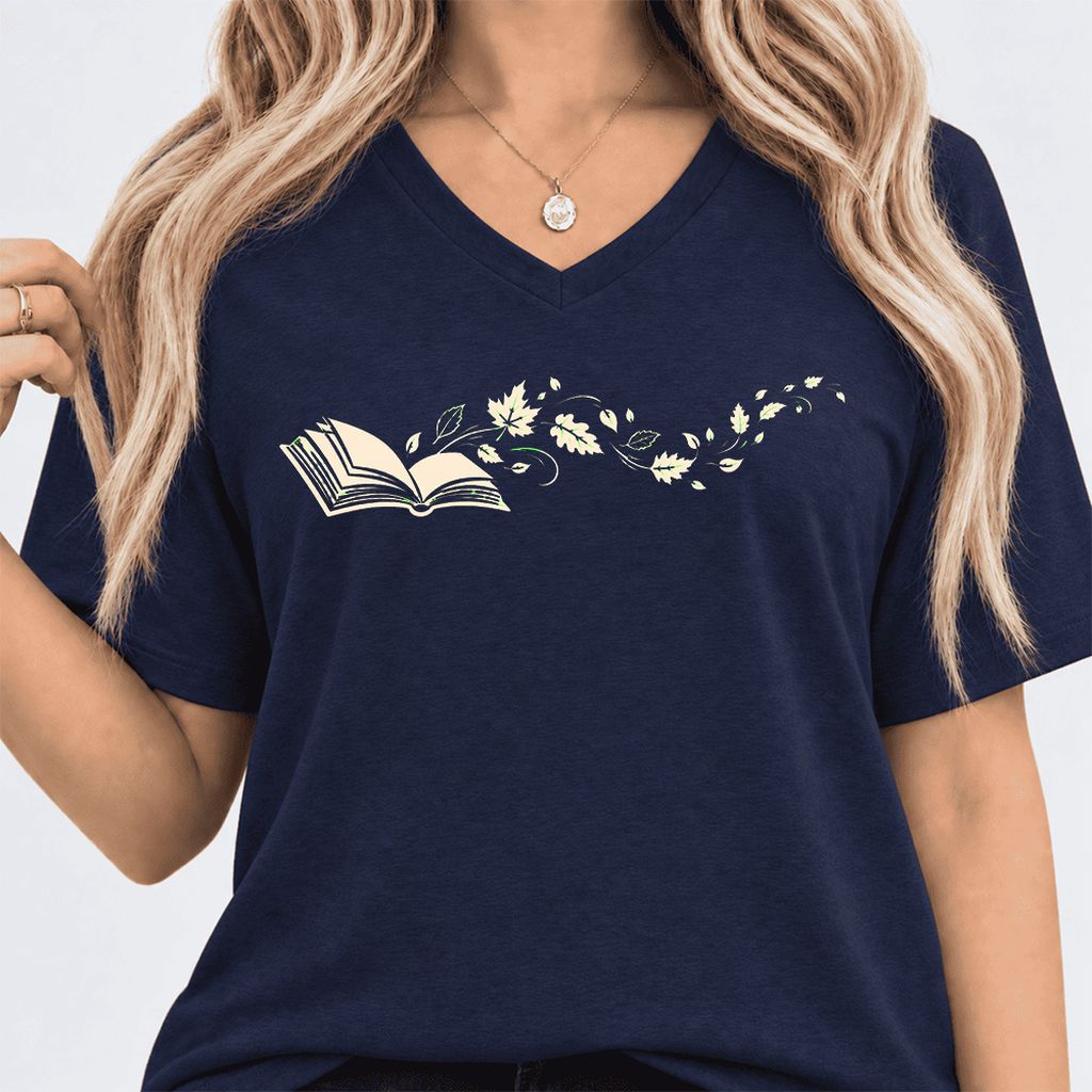 Open Book With Leaves Ultra-Soft V-Neck | Reading Life Book Lover Gift Navy