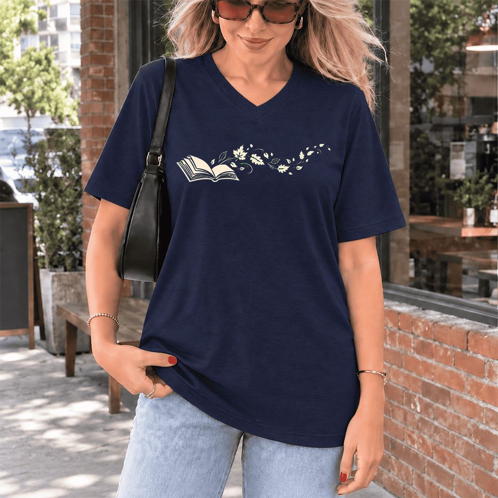 Open Book With Leaves Ultra-Soft V-Neck | Reading Life Book Lover Gift Navy