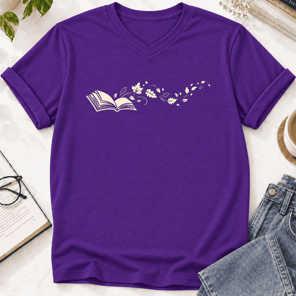 Open Book With Leaves Ultra-Soft V-Neck | Reading Life Book Lover Gift Team Purple