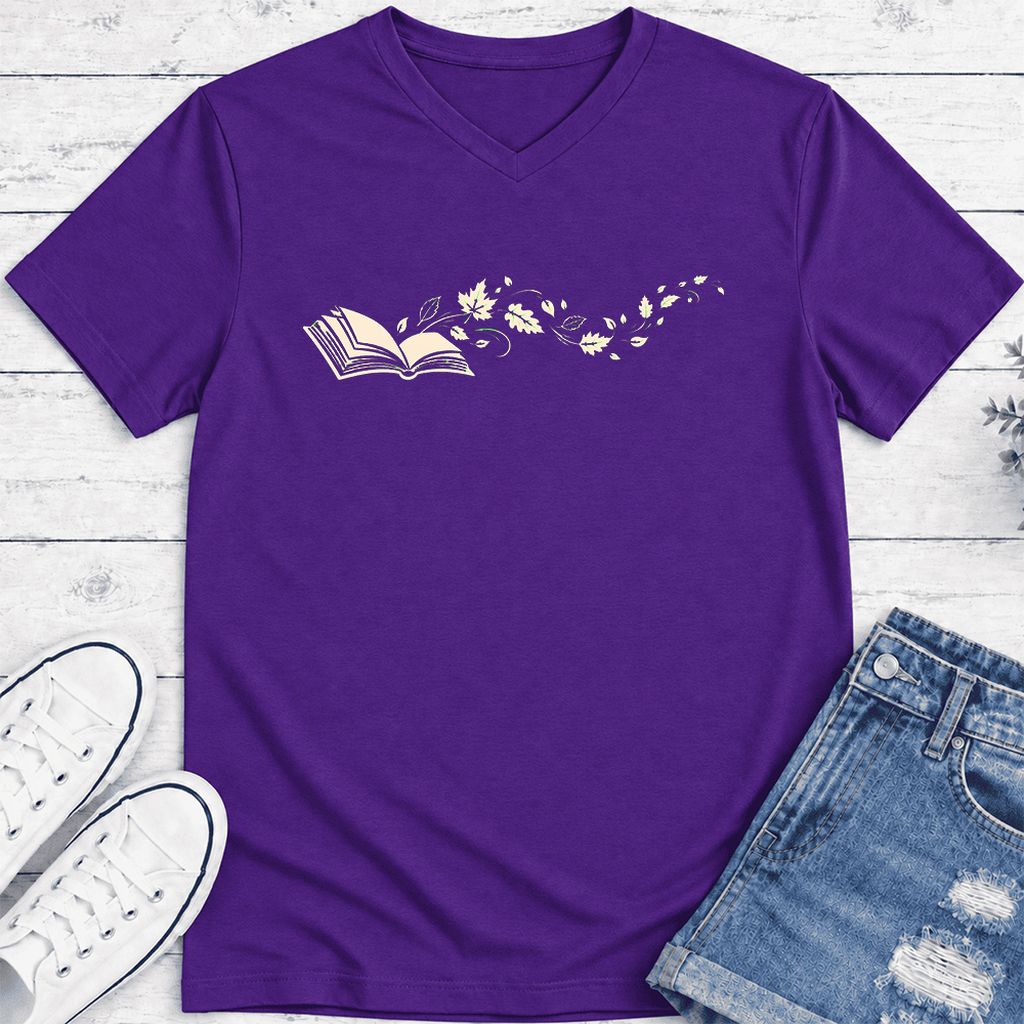 Open Book With Leaves Ultra-Soft V-Neck | Reading Life Book Lover Gift Team Purple