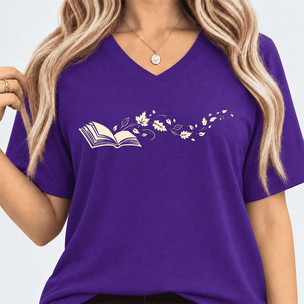 Open Book With Leaves Ultra-Soft V-Neck | Reading Life Book Lover Gift Team Purple