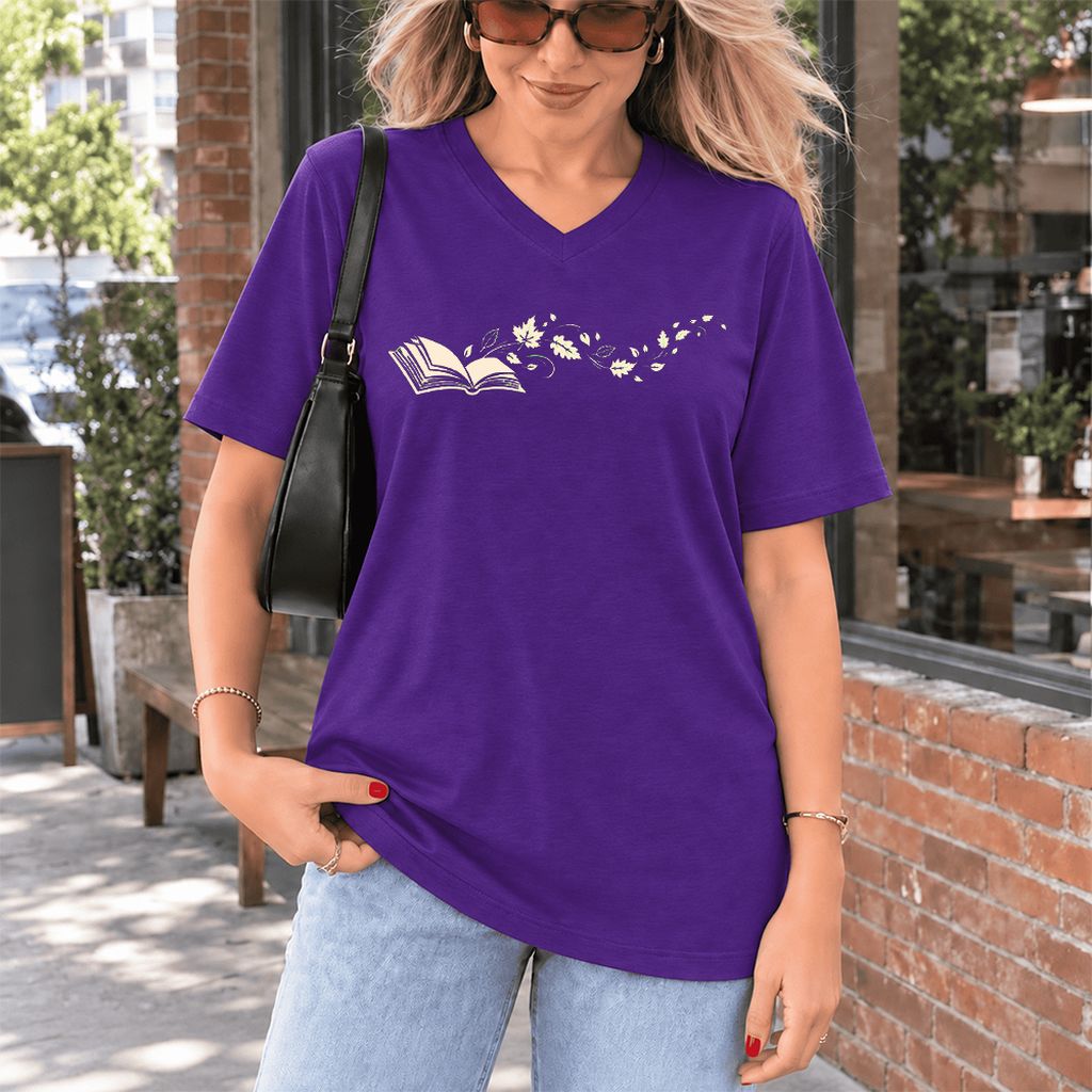 Open Book With Leaves Ultra-Soft V-Neck | Reading Life Book Lover Gift Team Purple