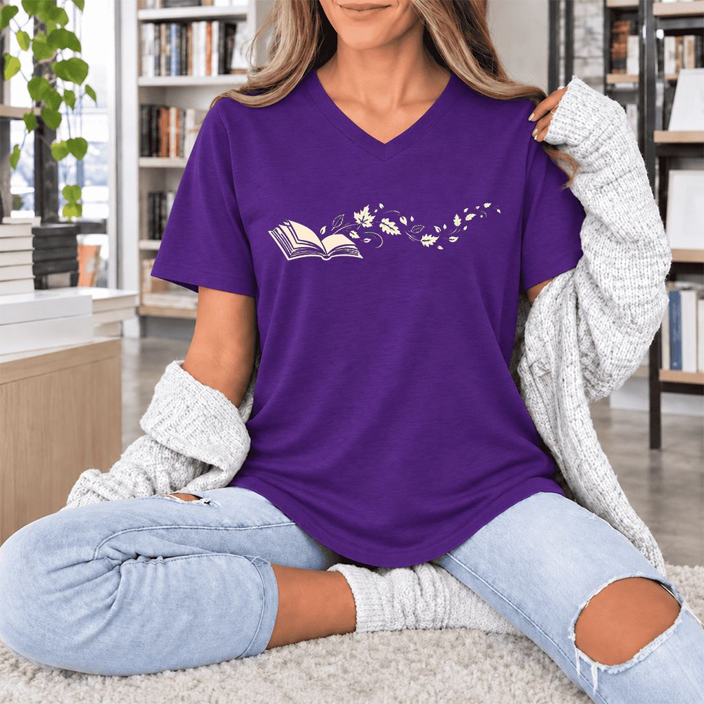 Open Book With Leaves Ultra-Soft V-Neck | Reading Life Book Lover Gift Team Purple