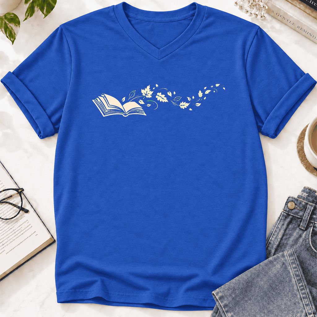 Open Book With Leaves Ultra-Soft V-Neck | Reading Life Book Lover Gift True Royal