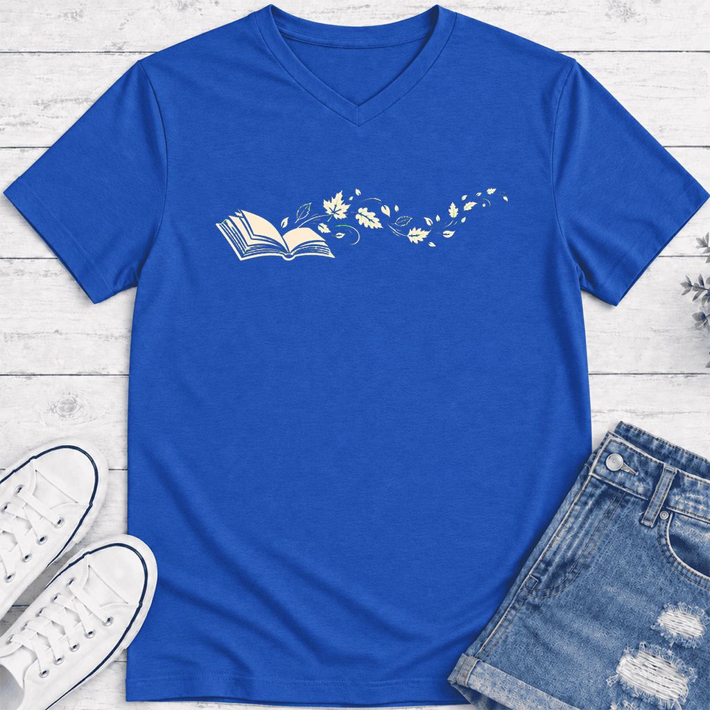 Open Book With Leaves Ultra-Soft V-Neck | Reading Life Book Lover Gift True Royal