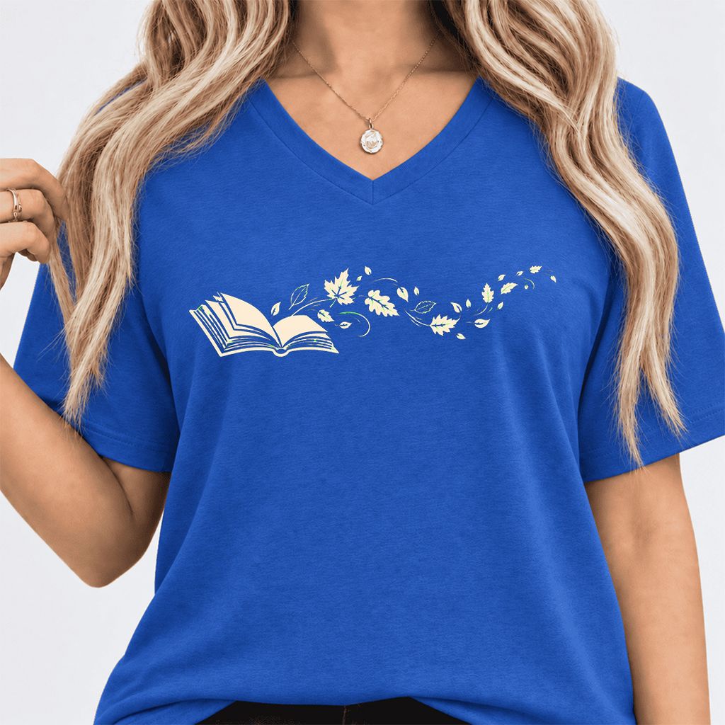 Open Book With Leaves Ultra-Soft V-Neck | Reading Life Book Lover Gift True Royal