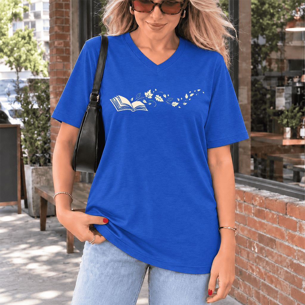 Open Book With Leaves Ultra-Soft V-Neck | Reading Life Book Lover Gift True Royal