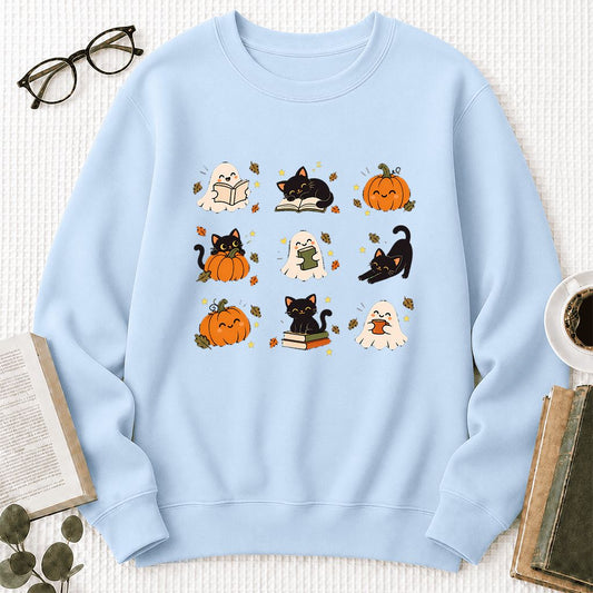 Halloween Cats, Ghosts, And Pumpkins Crewneck Sweatshirt | Cozy Bookish Fall Gift Light Blue