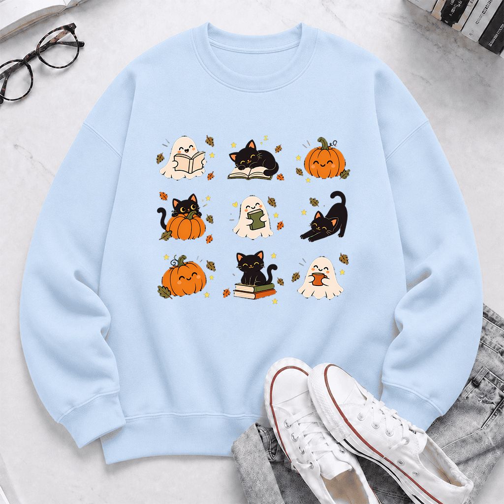 Halloween Cats, Ghosts, And Pumpkins Printed Sweatshirt | Cozy Bookish Fall Gift Light Blue