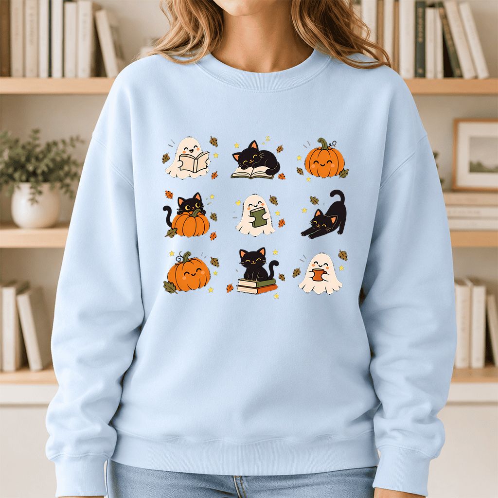 Halloween Cats, Ghosts, And Pumpkins Printed Sweatshirt | Cozy Bookish Fall Gift Light Blue