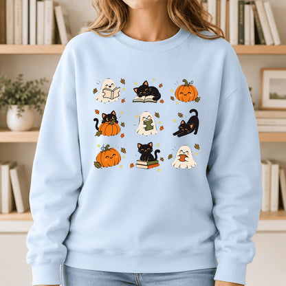 Halloween Cats, Ghosts, And Pumpkins Printed Sweatshirt | Cozy Bookish Fall Gift Light Blue