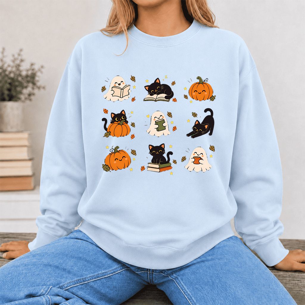 Halloween Cats, Ghosts, And Pumpkins Printed Sweatshirt | Cozy Bookish Fall Gift Light Blue