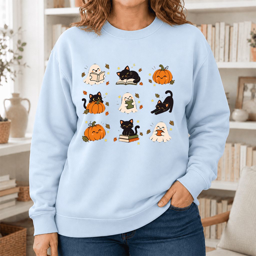 Halloween Cats, Ghosts, And Pumpkins Printed Sweatshirt | Cozy Bookish Fall Gift Light Blue
