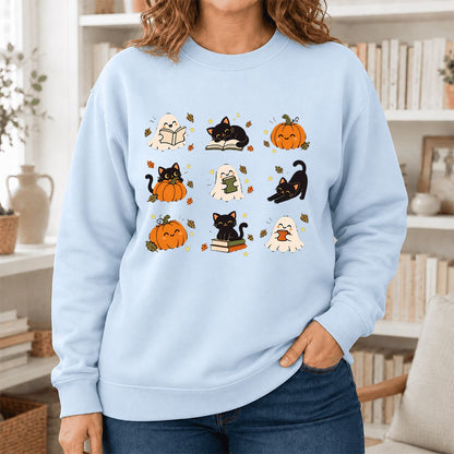Halloween Cats, Ghosts, And Pumpkins Printed Sweatshirt | Cozy Bookish Fall Gift Light Blue