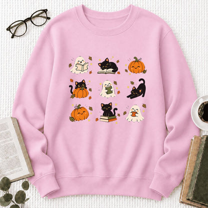 Halloween Cats, Ghosts, And Pumpkins Printed Sweatshirt | Cozy Bookish Fall Gift Light Pink