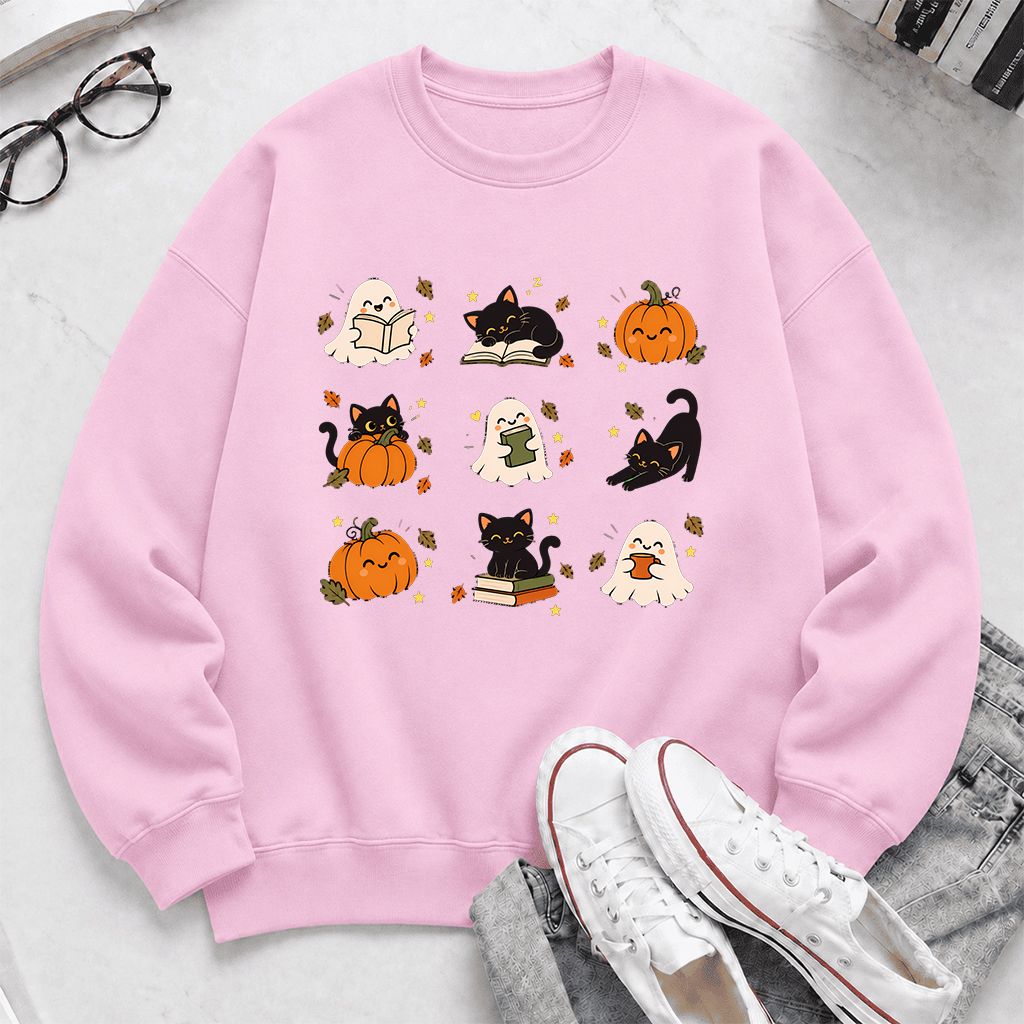 Halloween Cats, Ghosts, And Pumpkins Printed Sweatshirt | Cozy Bookish Fall Gift Light Pink