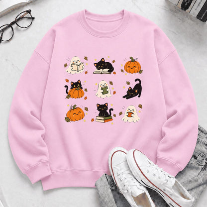 Halloween Cats, Ghosts, And Pumpkins Printed Sweatshirt | Cozy Bookish Fall Gift Light Pink