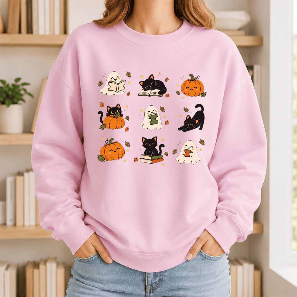 Halloween Cats, Ghosts, And Pumpkins Printed Sweatshirt | Cozy Bookish Fall Gift Light Pink