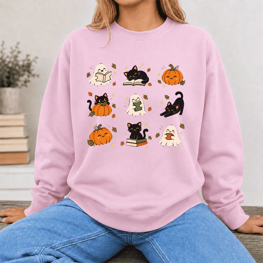 Halloween Cats, Ghosts, And Pumpkins Printed Sweatshirt | Cozy Bookish Fall Gift Light Pink