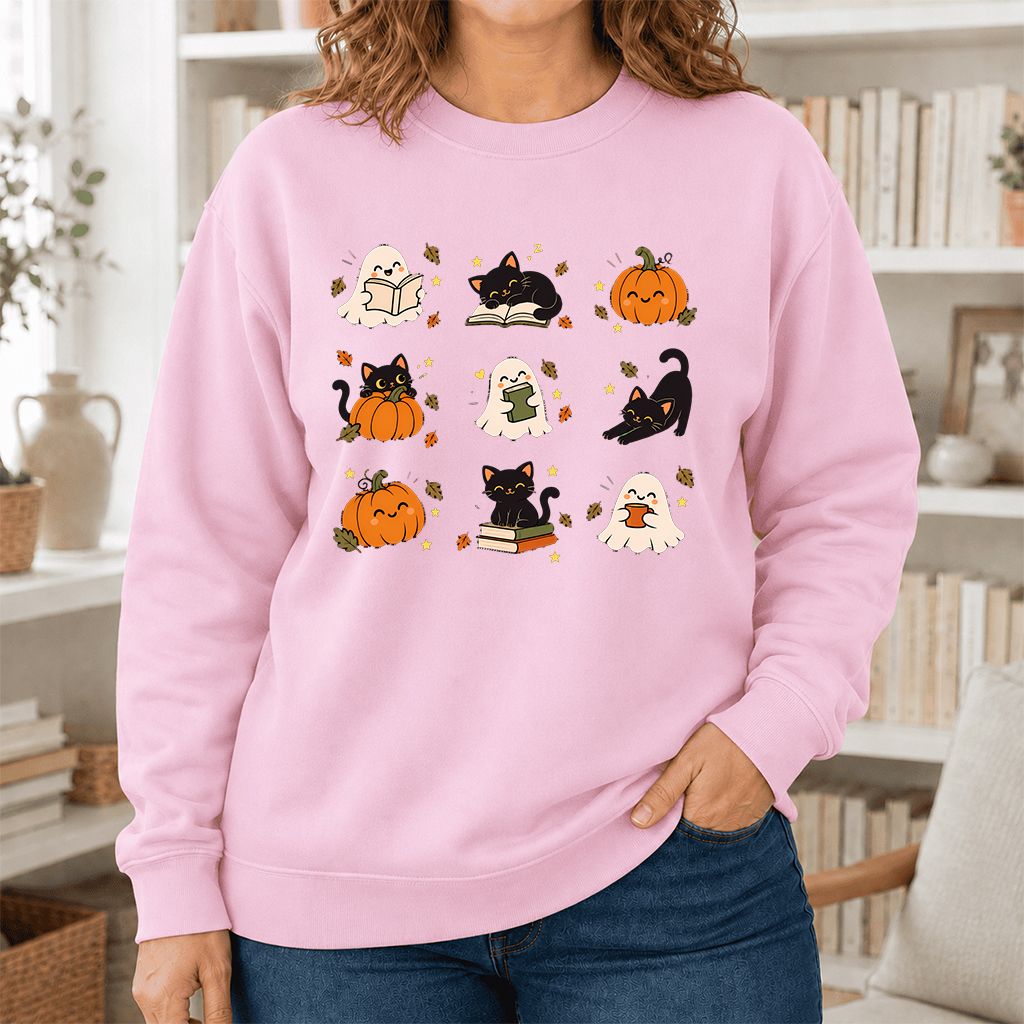 Halloween Cats, Ghosts, And Pumpkins Printed Sweatshirt | Cozy Bookish Fall Gift Light Pink