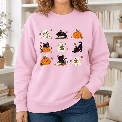 Halloween Cats, Ghosts, And Pumpkins Printed Sweatshirt | Cozy Bookish Fall Gift Light Pink
