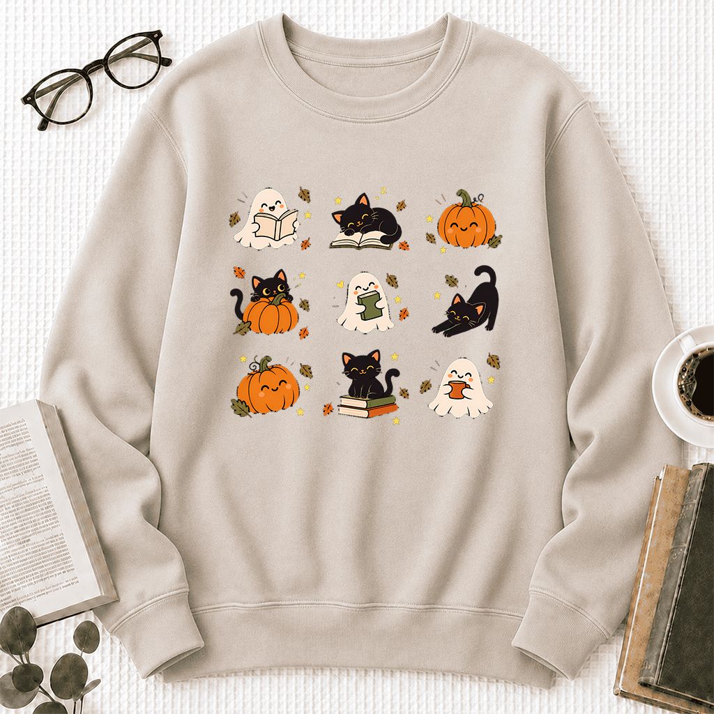 Halloween Cats, Ghosts, And Pumpkins Printed Sweatshirt | Cozy Bookish Fall Gift Sand