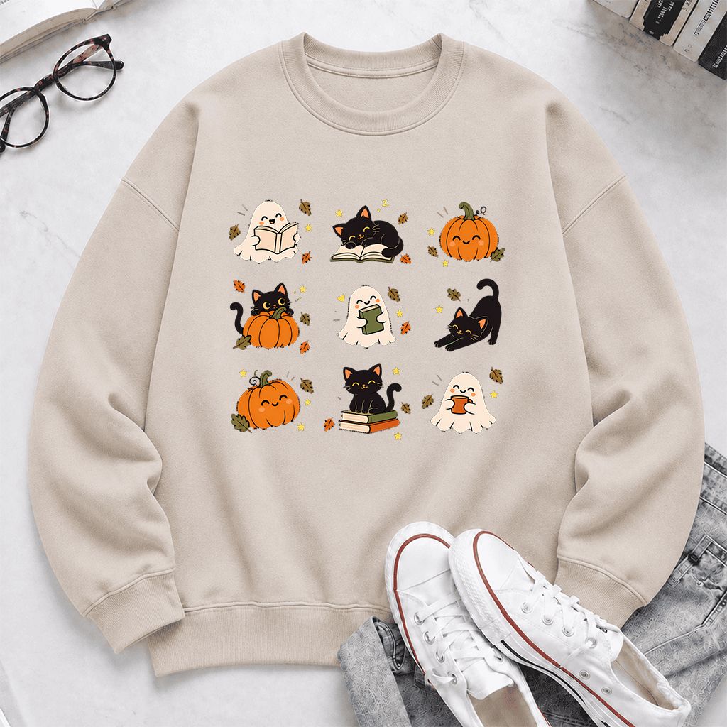 Halloween Cats, Ghosts, And Pumpkins Printed Sweatshirt | Cozy Bookish Fall Gift Sand