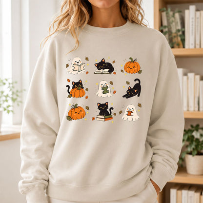 Halloween Cats, Ghosts, And Pumpkins Printed Sweatshirt | Cozy Bookish Fall Gift Sand