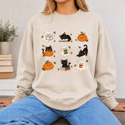 Halloween Cats, Ghosts, And Pumpkins Printed Sweatshirt | Cozy Bookish Fall Gift Sand