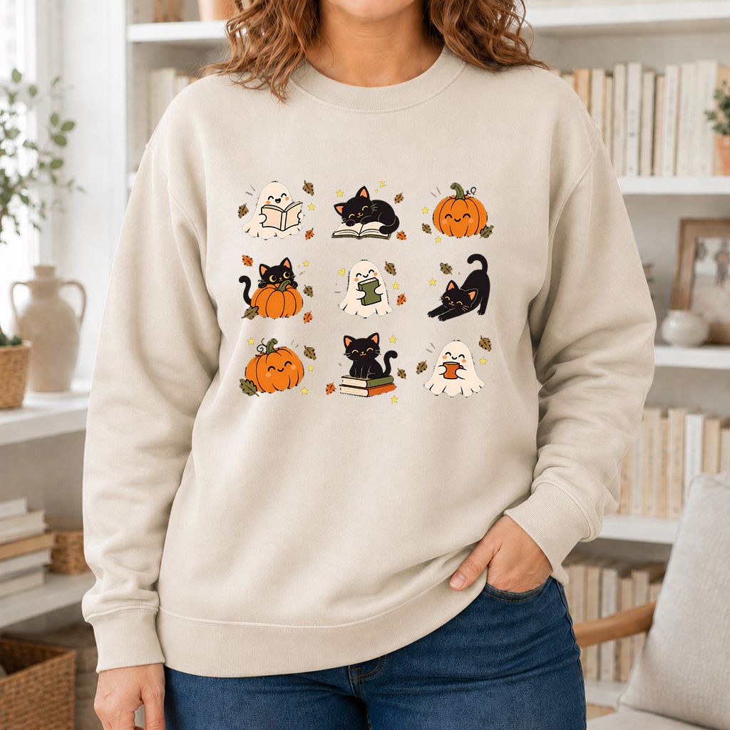 Halloween Cats, Ghosts, And Pumpkins Printed Sweatshirt | Cozy Bookish Fall Gift Sand