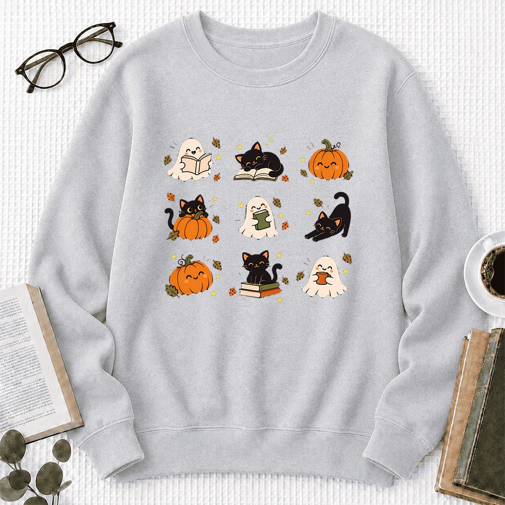 Halloween Cats, Ghosts, And Pumpkins Printed Sweatshirt | Cozy Bookish Fall Gift Sport Grey