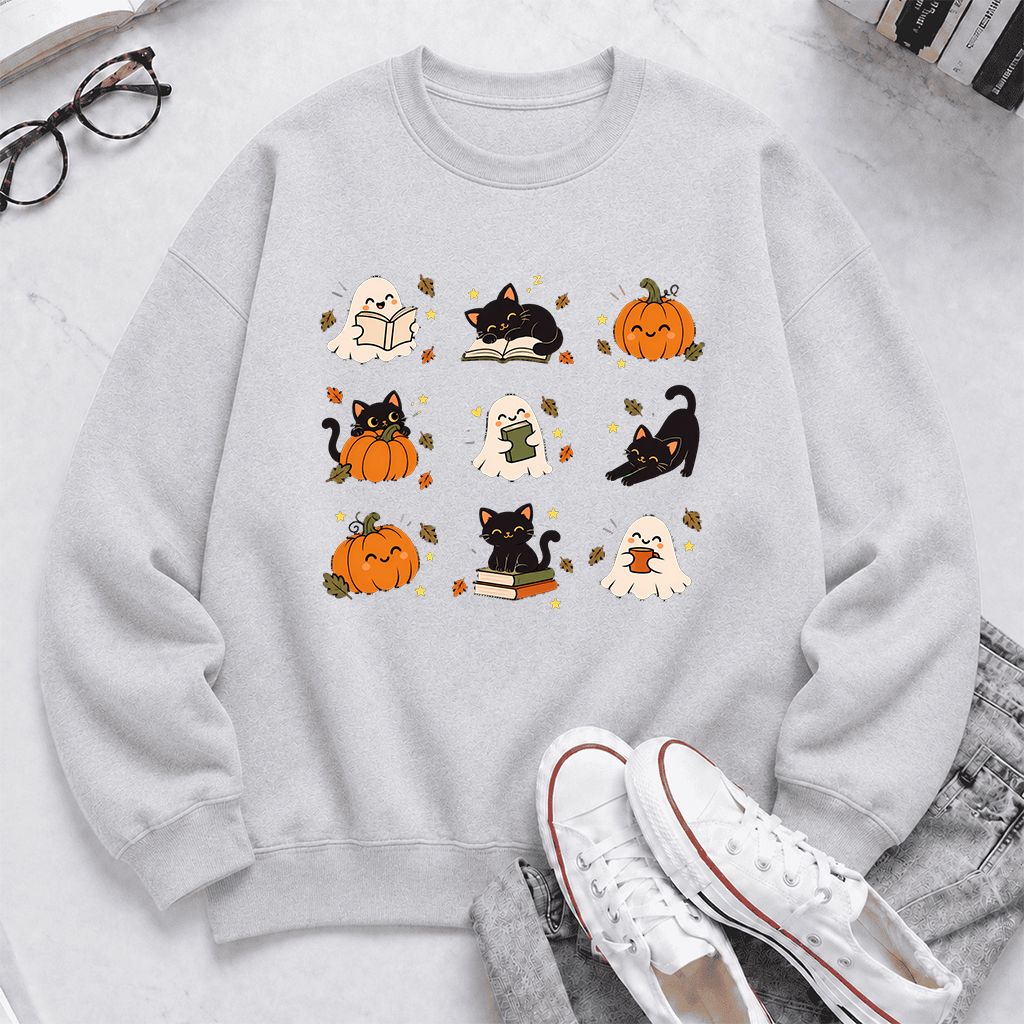 Halloween Cats, Ghosts, And Pumpkins Printed Sweatshirt | Cozy Bookish Fall Gift Sport Grey