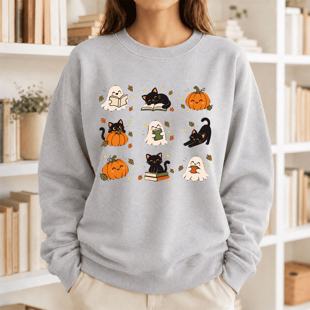 Halloween Cats, Ghosts, And Pumpkins Printed Sweatshirt | Cozy Bookish Fall Gift Sport Grey