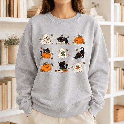 Halloween Cats, Ghosts, And Pumpkins Printed Sweatshirt | Cozy Bookish Fall Gift Sport Grey