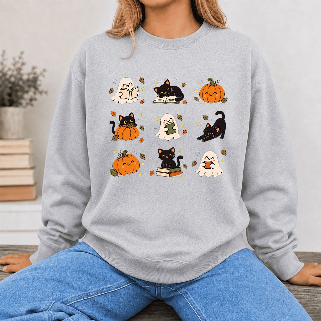 Halloween Cats, Ghosts, And Pumpkins Printed Sweatshirt | Cozy Bookish Fall Gift Sport Grey