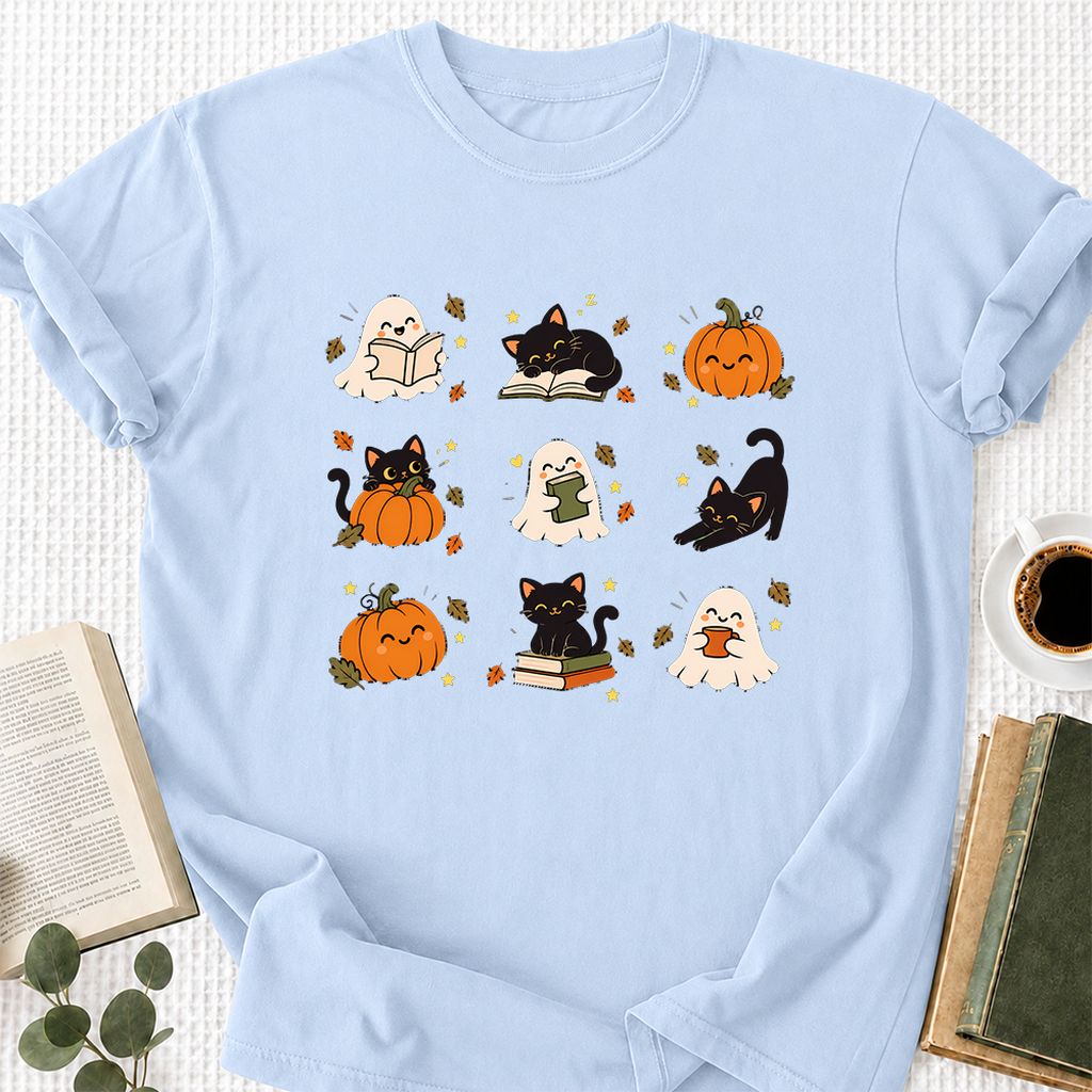 Halloween Cats, Ghosts, And Pumpkins Printed T-Shirt | Cozy Bookish Fall Gift Light Blue