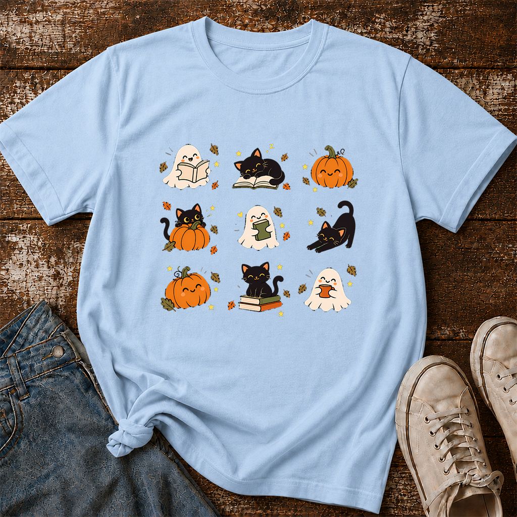 Halloween Cats, Ghosts, And Pumpkins Printed T-Shirt | Cozy Bookish Fall Gift Light Blue