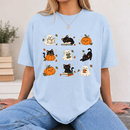 Halloween Cats, Ghosts, And Pumpkins Printed T-Shirt | Cozy Bookish Fall Gift Light Blue