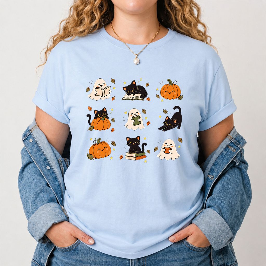 Halloween Cats, Ghosts, And Pumpkins Printed T-Shirt | Cozy Bookish Fall Gift Light Blue