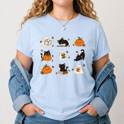 Halloween Cats, Ghosts, And Pumpkins Printed T-Shirt | Cozy Bookish Fall Gift Light Blue