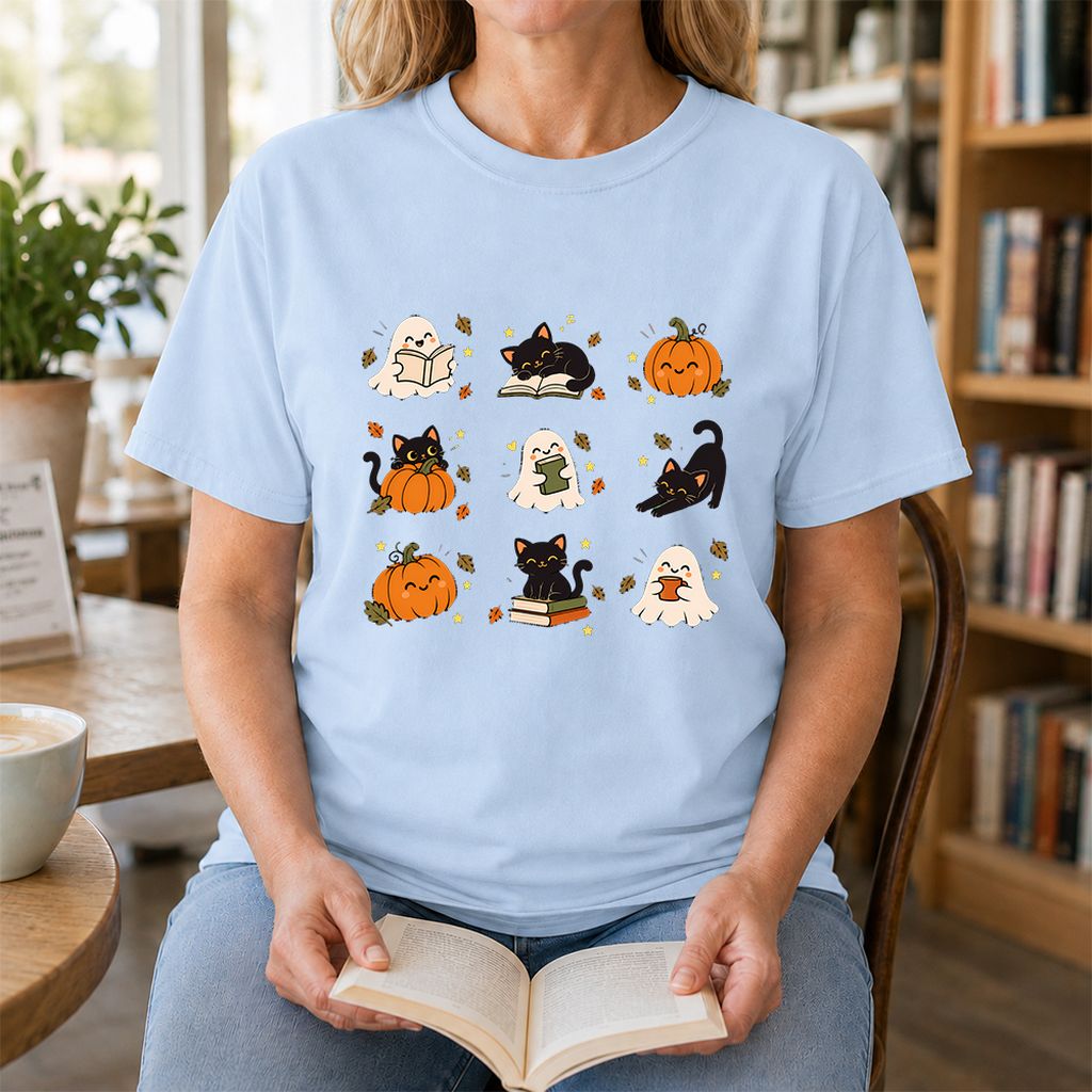 Halloween Cats, Ghosts, And Pumpkins Printed T-Shirt | Cozy Bookish Fall Gift Light Blue