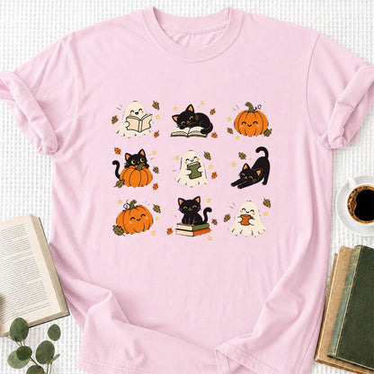 Halloween Cats, Ghosts, And Pumpkins Printed T-Shirt | Cozy Bookish Fall Gift Light Pink