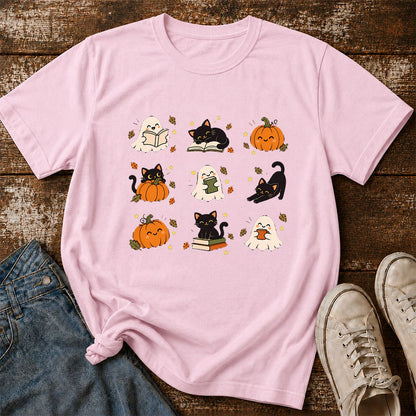 Halloween Cats, Ghosts, And Pumpkins Printed T-Shirt | Cozy Bookish Fall Gift Light Pink