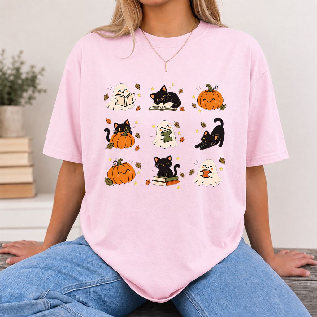 Halloween Cats, Ghosts, And Pumpkins Printed T-Shirt | Cozy Bookish Fall Gift Light Pink