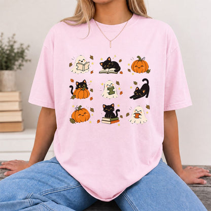 Halloween Cats, Ghosts, And Pumpkins Printed T-Shirt | Cozy Bookish Fall Gift Light Pink