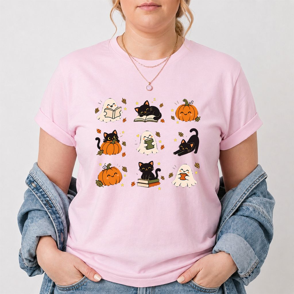 Halloween Cats, Ghosts, And Pumpkins Printed T-Shirt | Cozy Bookish Fall Gift Light Pink